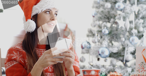 Image of Attractive woman checking for Christmas messages