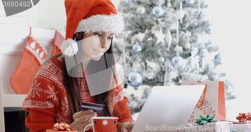 Image of Young woman ordering Christmas gifts online