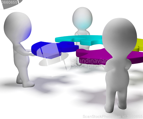 Image of Puzzle Solved And 3d Characters Displaying Team And Teamwork