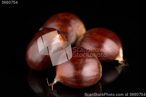 Image of Chestnuts on a black reflective background