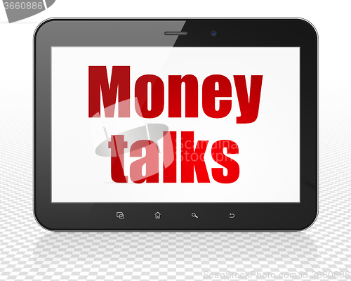 Image of Finance concept: Tablet Pc Computer with Money Talks on display