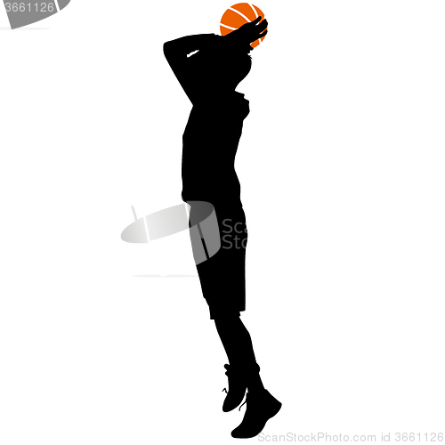 Image of Black silhouettes of men playing basketball on a white 