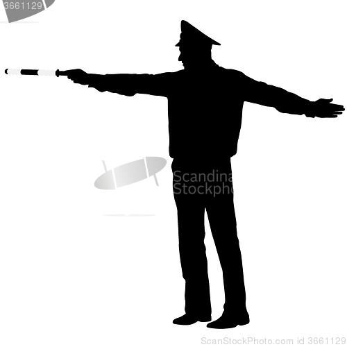 Image of Black silhouettes  Police officer  with a rod on white backgroun