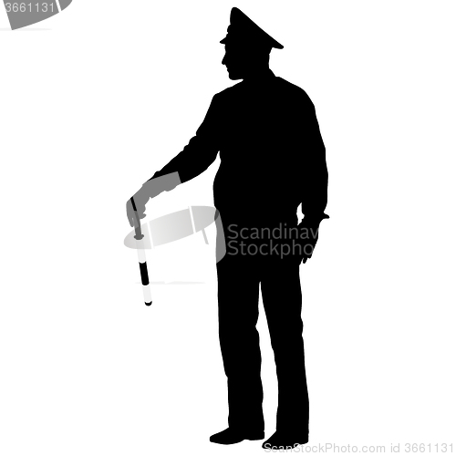 Image of Black silhouettes  Police officer  with a rod on white backgroun
