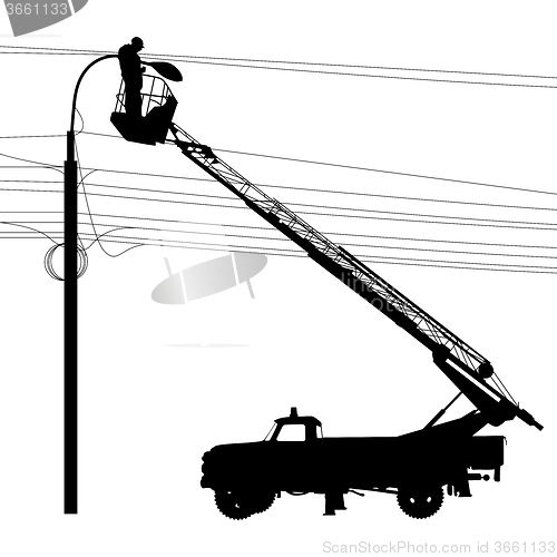 Image of Electrician, making repairs at a power pole. illustration