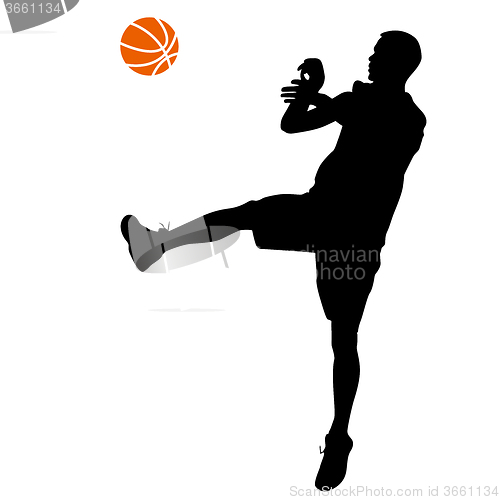 Image of Black silhouettes of men playing basketball on a white 