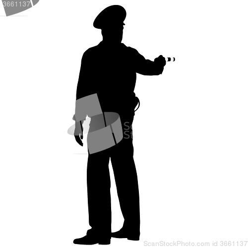 Image of Black silhouettes  Police officer  with a rod on white backgroun