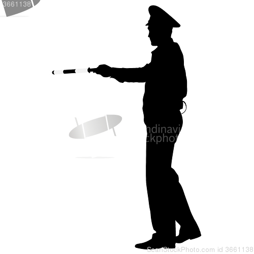 Image of Black silhouettes  Police officer  with a rod on white backgroun