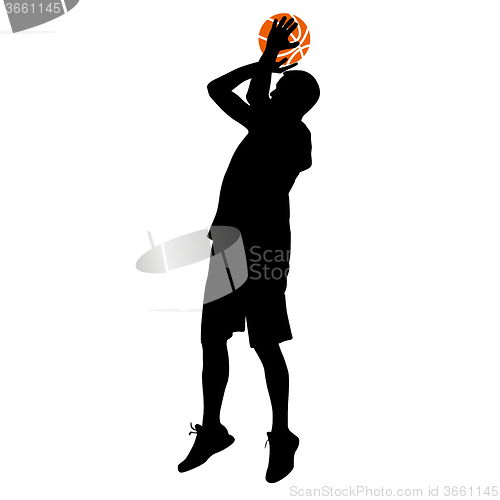 Image of Black silhouettes of men playing basketball on a white 