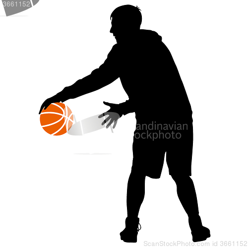 Image of Black silhouettes of men playing basketball on a white 