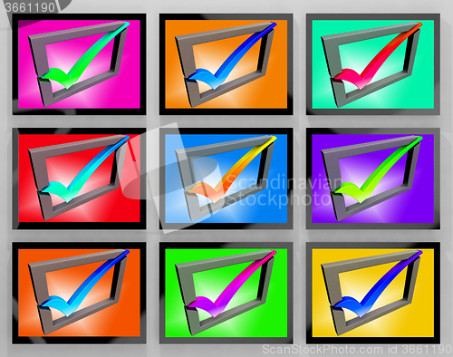 Image of Check Marks On Monitors Showing Approved And Satisfied