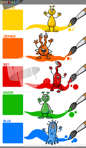 Image of primary colors with cartoon aliens