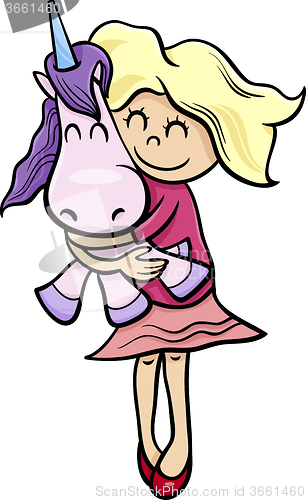 Image of girl with toy unicorn cartoon