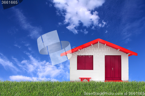 Image of Wooden prefabricated house on the grass