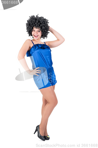 Image of Young pretty woman with disco style wig