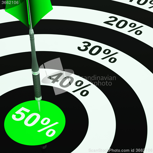 Image of 50Percent On Dartboard Showing Price Clearances Or Cheap Product