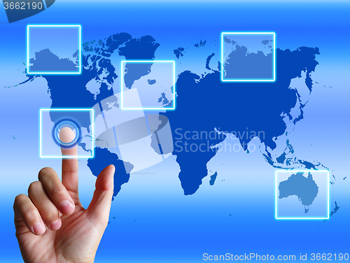 Image of World Map Finger Shows Worldwide Communication And Global Cybers