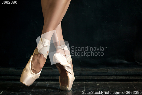 Image of Close-up ballerina\'s legs in pointes on the black wooden floor 