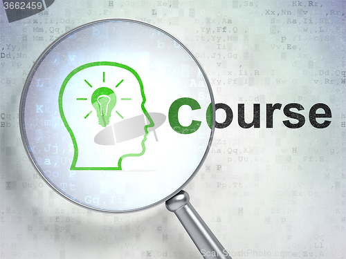 Image of Studying concept: Head With Lightbulb and Course with optical glass