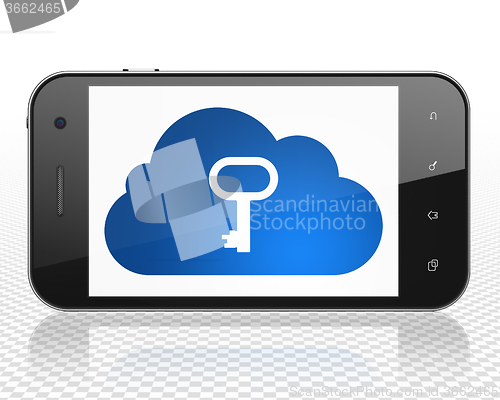 Image of Cloud networking concept: Smartphone with Cloud With Key on display