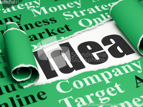 Image of Advertising concept: black text Idea under the piece of  torn paper