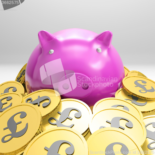 Image of Piggybank Surrounded In Coins Showing Britain Wealth