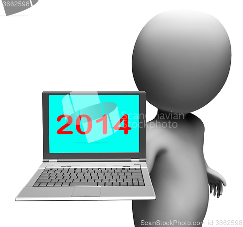 Image of Two Thousand And Fourteen Character And Laptop Shows New Year 20