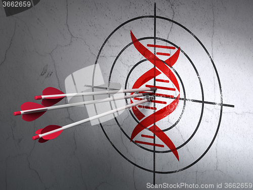 Image of Science concept: arrows in DNA target on wall background