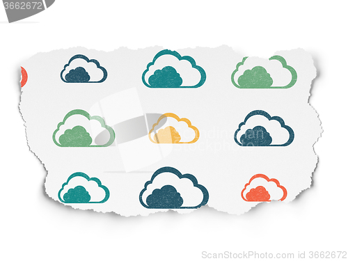 Image of Cloud networking concept: Cloud icons on Torn Paper background