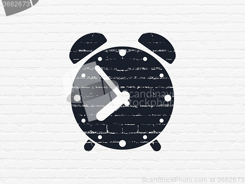 Image of Timeline concept: Alarm Clock on wall background