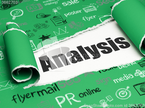 Image of Advertising concept: black text Analysis under the piece of  torn paper