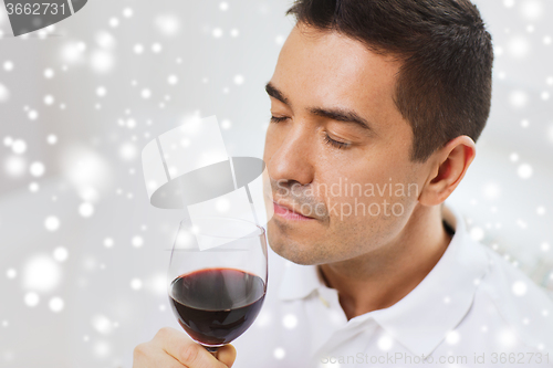 Image of happy man drinking red wine from glass at home