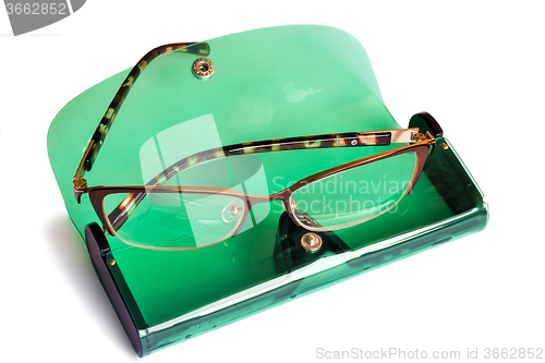 Image of Spectacles and spectacle case isolated on white background.