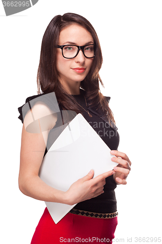 Image of Office girl holding empty paper blank template