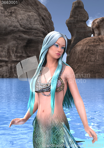 Image of Fantasy Mermaid on Ocean Background