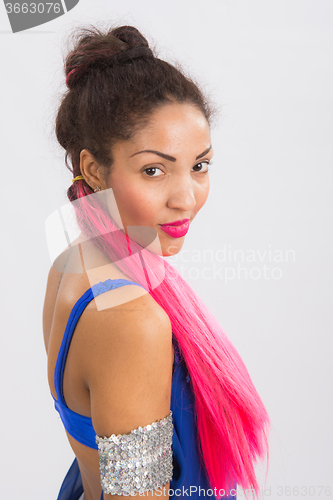 Image of Portrait of beautiful mulatto girl in a dancing costume