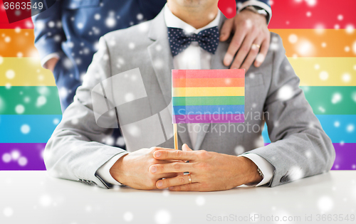 Image of close up of male gay couple holding rainbow flag