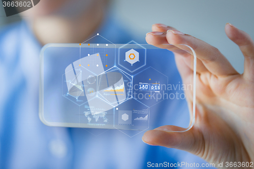 Image of close up of woman with transparent smartphone