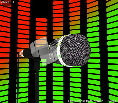 Image of Graphic Equalizer And Microphone Shows Pop Music Soundtrack Or C