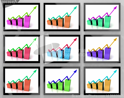 Image of Arrows Going Up On Monitors Shows Increasing Rating And Sales