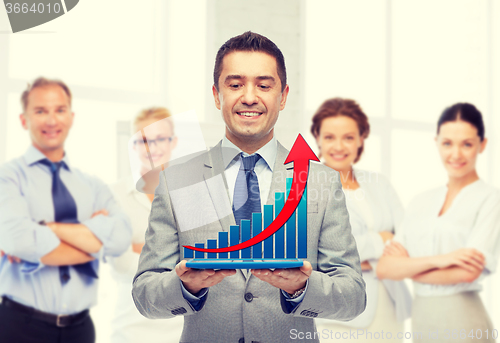 Image of happy businessman in suit holding tablet pc