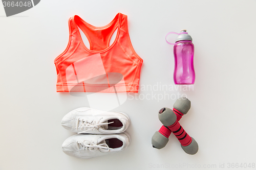 Image of close up of sportswear, dumbbells and bottle