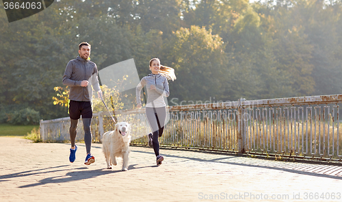 Image of happy couple with dog running outdoors