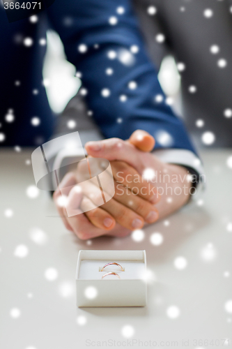 Image of close up of male gay couple and wedding rings