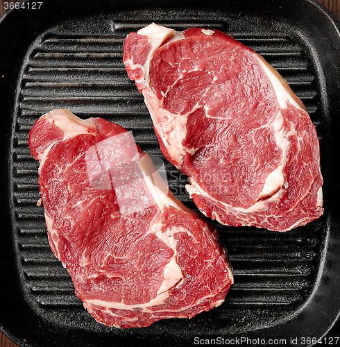 Image of raw beef steak on cooking pan