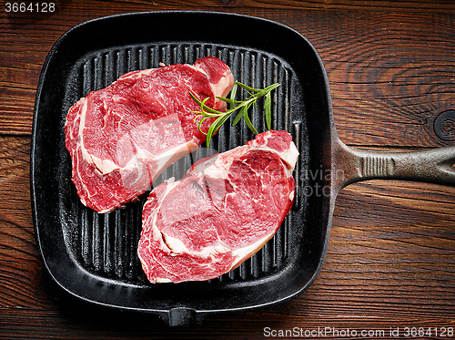 Image of fresh raw beef steak on cooking pan