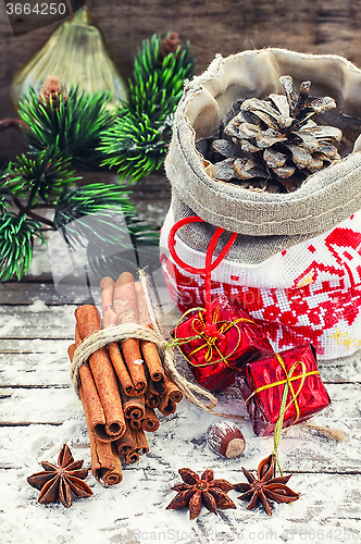 Image of Christmas bag with pine cones