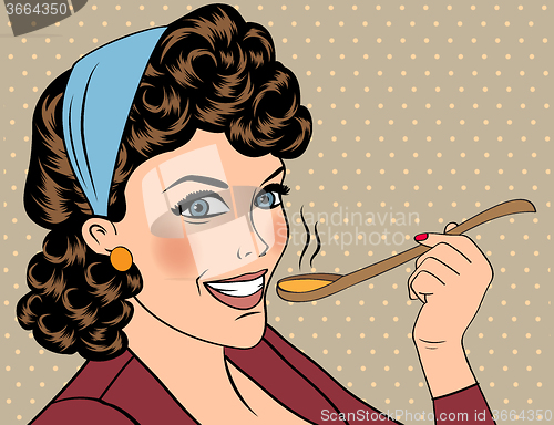 Image of pop art retro woman with apron tasting her food