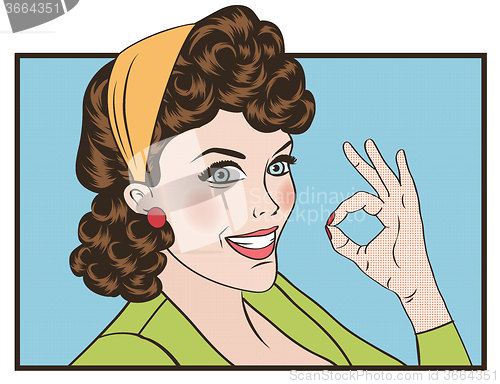 Image of pop art cute retro woman in comics style with OK sign