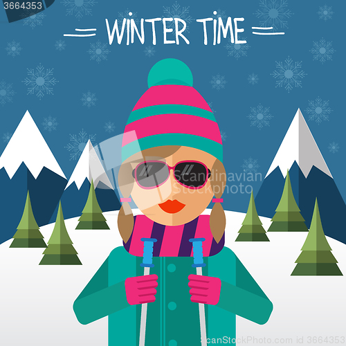 Image of Hipster girl skier in flat style